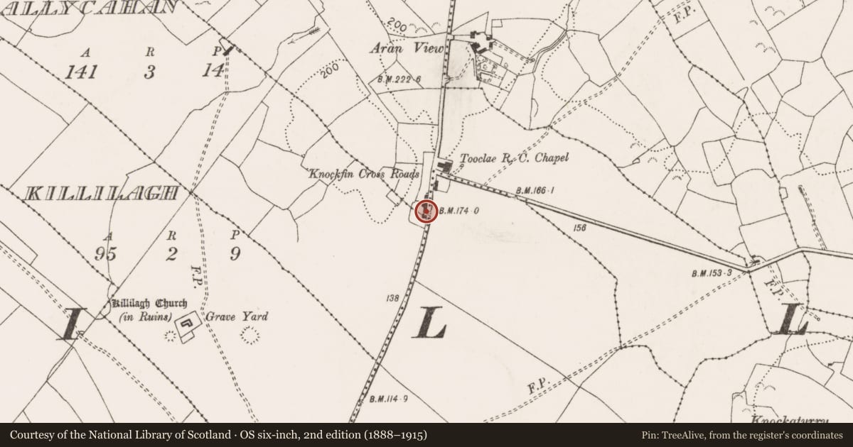 Ordnance Survey six-inch map, 2nd edition (1888–1915) covering the location of Castle - unclassified, Ballyvoe, County Clare, with a pin at the register's coordinates