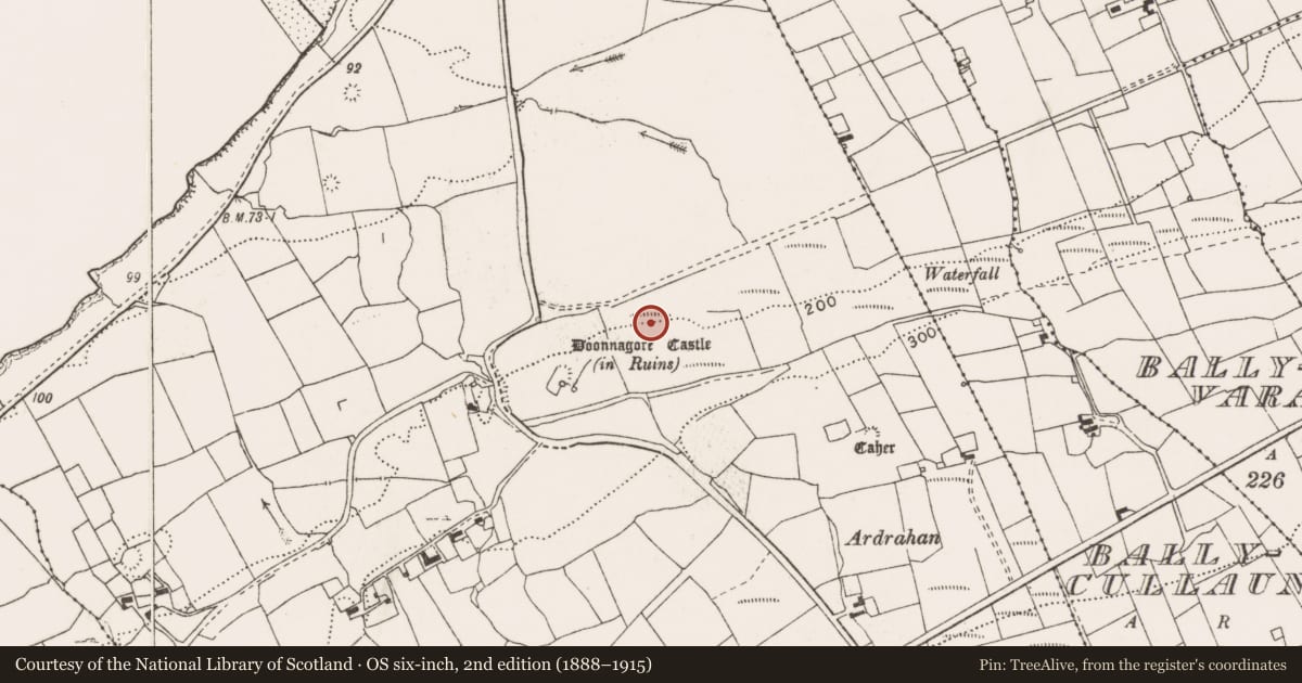 Ordnance Survey six-inch map, 2nd edition (1888–1915) covering the location of Hut site, Doonnagore, County Clare, with a pin at the register's coordinates