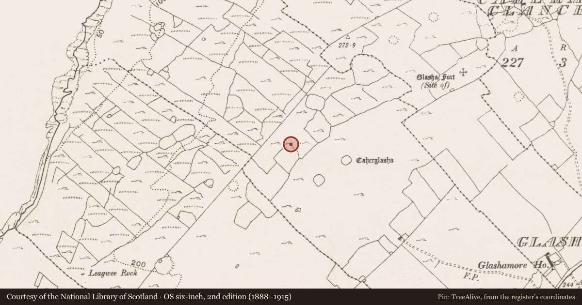 Ordnance Survey six-inch map, 2nd edition (1888–1915) covering the location of Ringfort - cashel, Glasha Beg, County Clare, with a pin at the register's coordinates