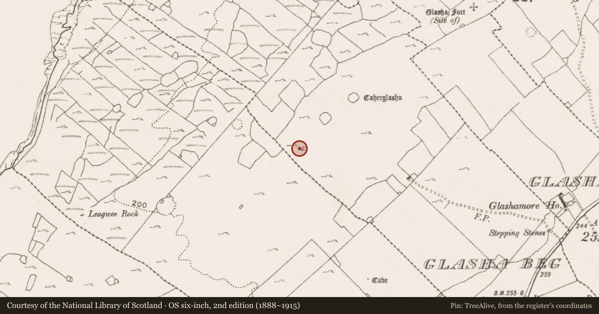Ordnance Survey six-inch map, 2nd edition (1888–1915) covering the location of Enclosure, Glasha Beg, County Clare, with a pin at the register's coordinates