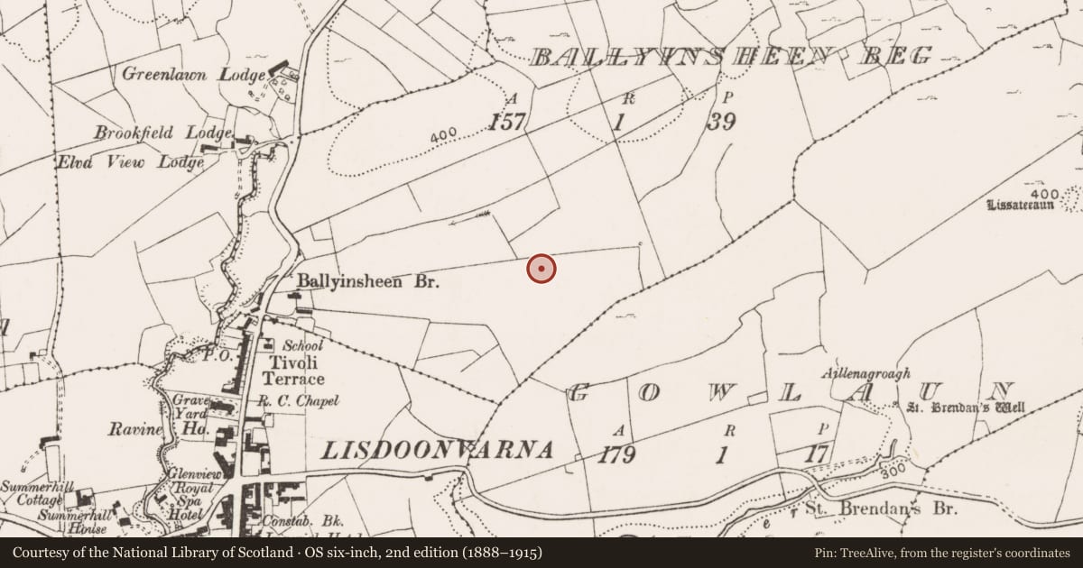Ordnance Survey six-inch map, 2nd edition (1888–1915) covering the location of Barrow - ring-barrow, Ballyinsheen Beg, County Clare, with a pin at the register's coordinates