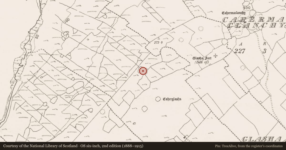 Ordnance Survey six-inch map, 2nd edition (1888–1915) covering the location of Enclosure, Glasha Beg, County Clare, with a pin at the register's coordinates