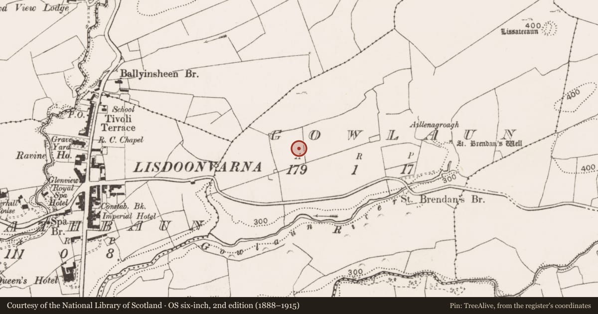 Ordnance Survey six-inch map, 2nd edition (1888–1915) covering the location of Ringfort - rath, Gowlaun, County Clare, with a pin at the register's coordinates