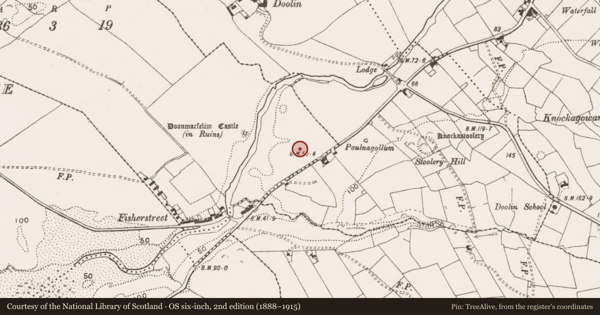 Ordnance Survey six-inch map, 2nd edition (1888–1915) covering the location of Mound, Doonmacfelim, County Clare, with a pin at the register's coordinates