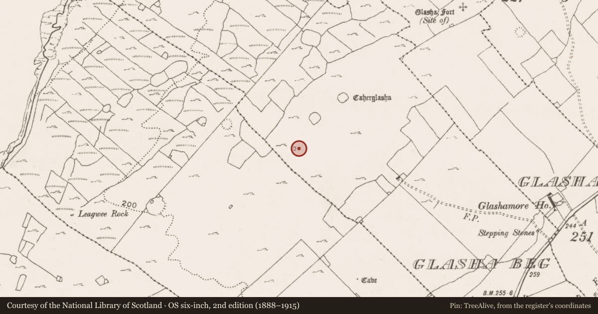 Ordnance Survey six-inch map, 2nd edition (1888–1915) covering the location of Enclosure, Glasha Beg, County Clare, with a pin at the register's coordinates