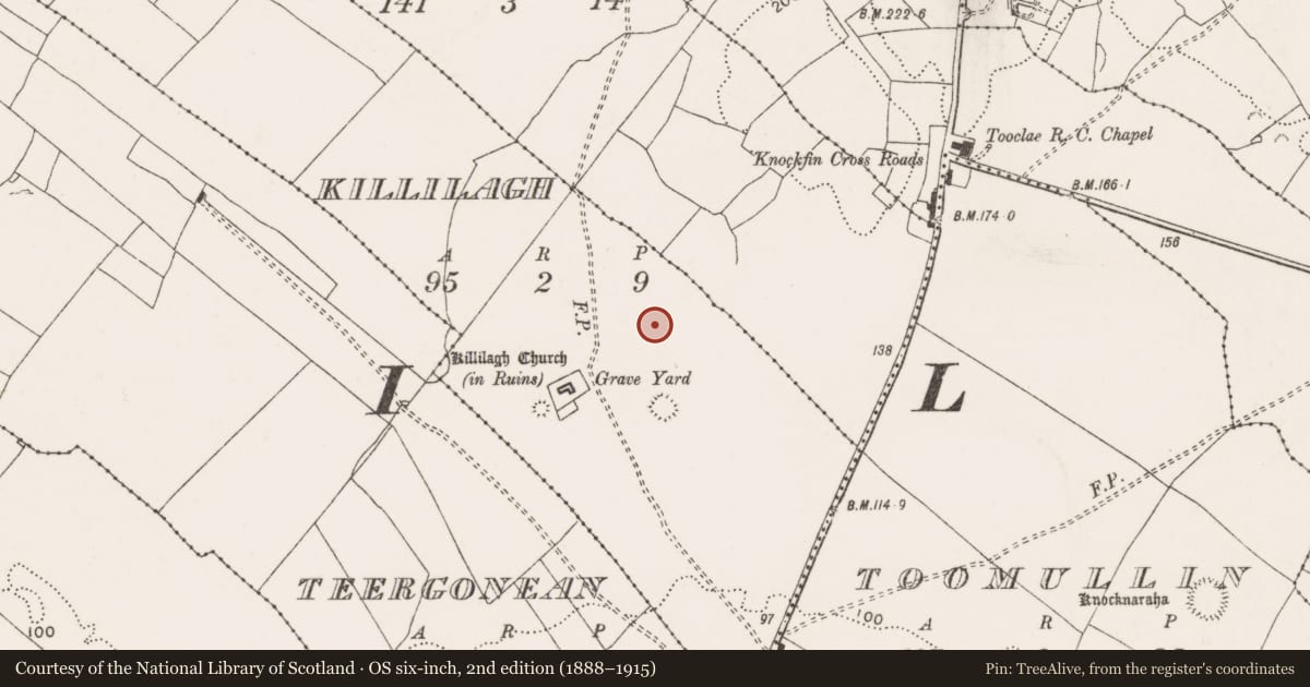 Ordnance Survey six-inch map, 2nd edition (1888–1915) covering the location of Enclosure, Killilagh, County Clare, with a pin at the register's coordinates