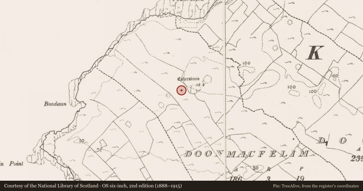 Ordnance Survey six-inch map, 2nd edition (1888–1915) covering the location of Enclosure, Doonmacfelim, County Clare, with a pin at the register's coordinates