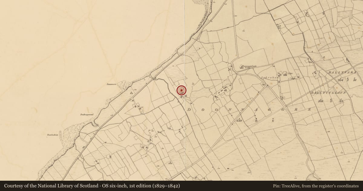 Ordnance Survey six-inch map, 1st edition (1829–1842) covering the location of Souterrain, Doonnagore, County Clare, with a pin at the register's coordinates