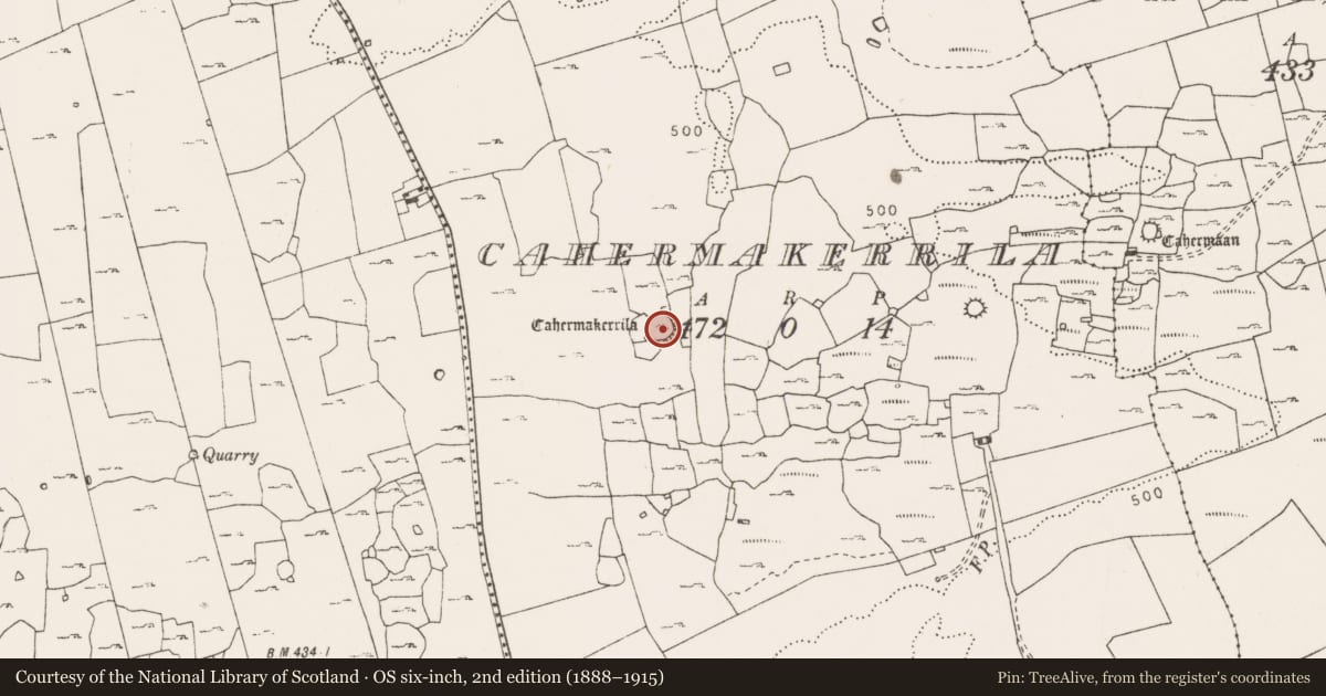 Ordnance Survey six-inch map, 2nd edition (1888–1915) covering the location of Ringfort - cashel, Cahermakerrila, County Clare, with a pin at the register's coordinates