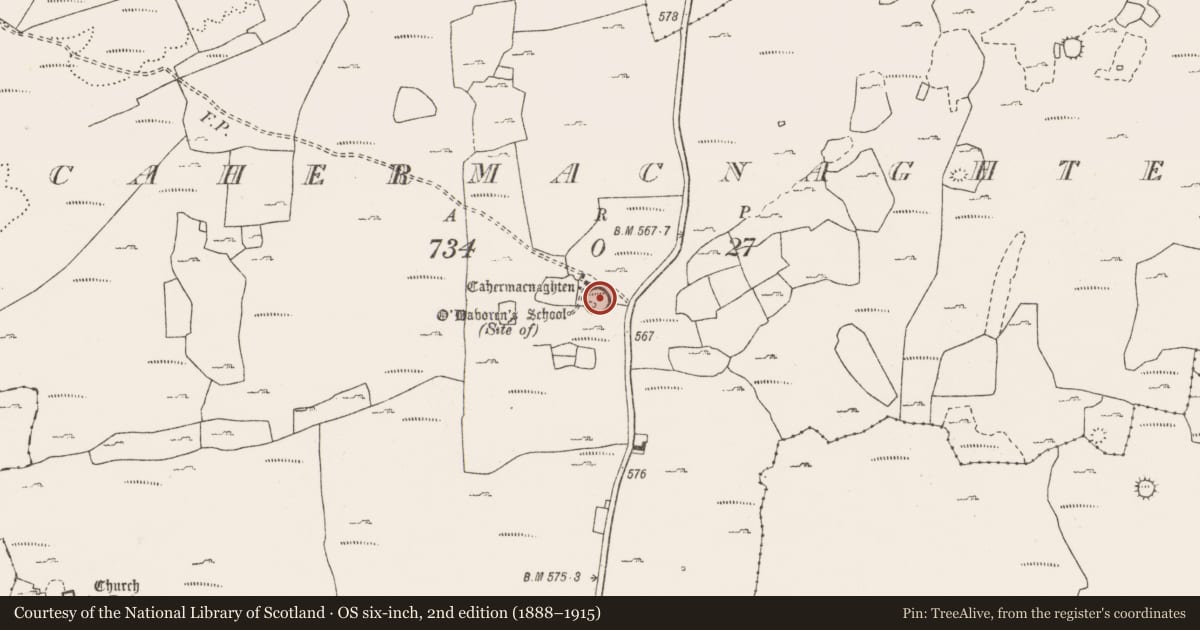 Ordnance Survey six-inch map, 2nd edition (1888–1915) covering the location of School, Cahermacnaghten, County Clare, with a pin at the register's coordinates