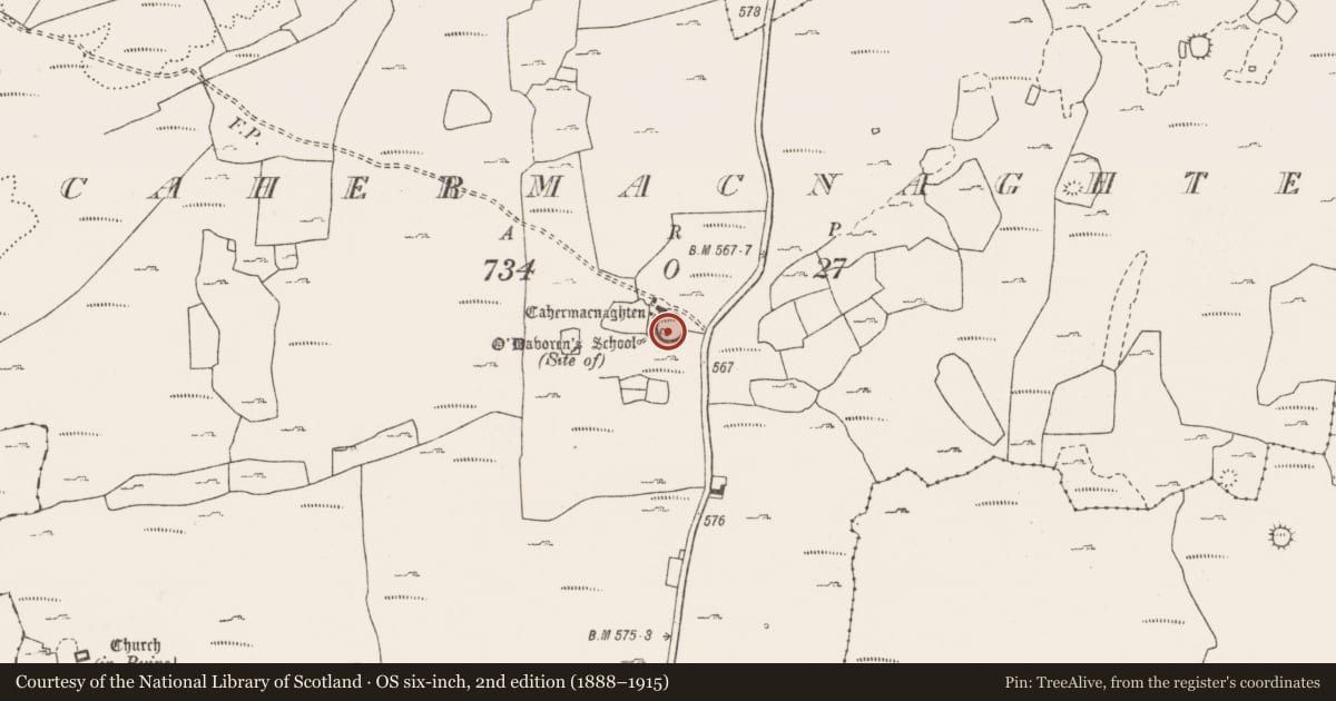 Ordnance Survey six-inch map, 2nd edition (1888–1915) covering the location of House - 16th century, Cahermacnaghten, County Clare, with a pin at the register's coordinates