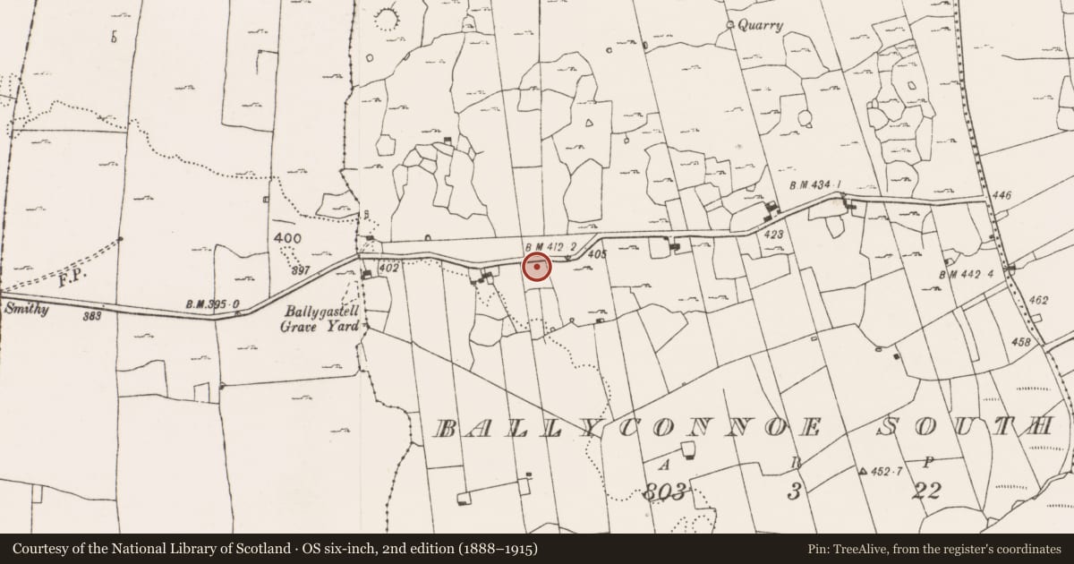 Ordnance Survey six-inch map, 2nd edition (1888–1915) covering the location of Ringfort - cashel, Ballyconnoe South, County Clare, with a pin at the register's coordinates