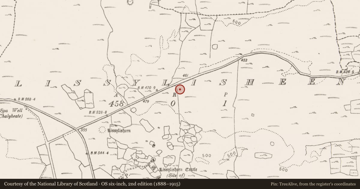 Ordnance Survey six-inch map, 2nd edition (1888–1915) covering the location of Ringfort - cashel, Lissylisheen, County Clare, with a pin at the register's coordinates