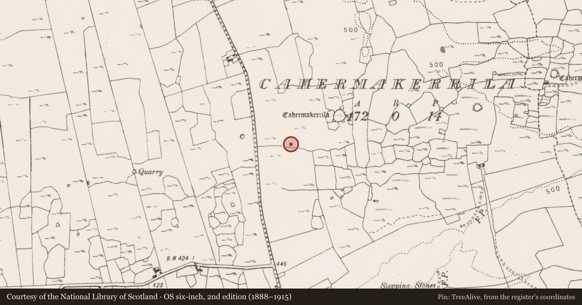 Ordnance Survey six-inch map, 2nd edition (1888–1915) covering the location of Souterrain, Cahermakerrila, County Clare, with a pin at the register's coordinates