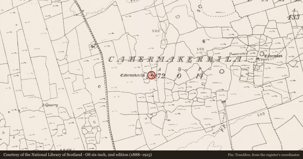 Ordnance Survey six-inch map, 2nd edition (1888–1915) covering the location of Hut site, Cahermakerrila, County Clare, with a pin at the register's coordinates