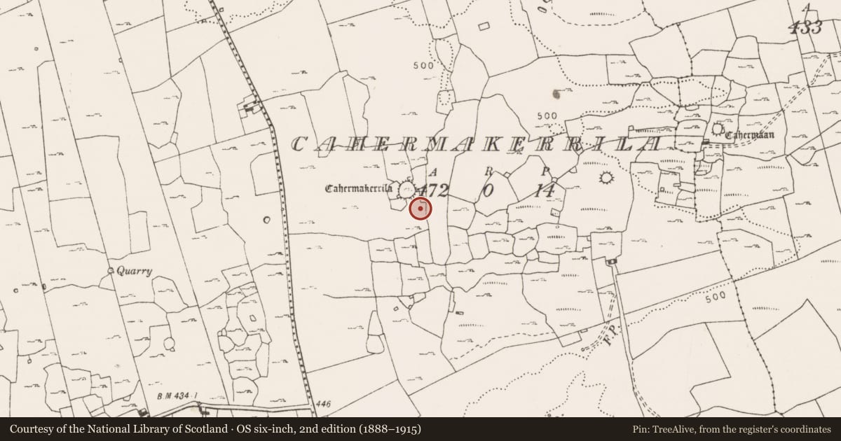 Ordnance Survey six-inch map, 2nd edition (1888–1915) covering the location of House - indeterminate date, Cahermakerrila, County Clare, with a pin at the register's coordinates