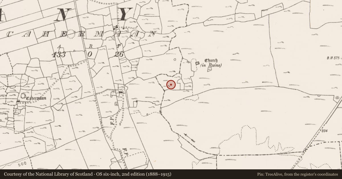 Ordnance Survey six-inch map, 2nd edition (1888–1915) covering the location of Hut site, Cahermacnaghten, County Clare, with a pin at the register's coordinates