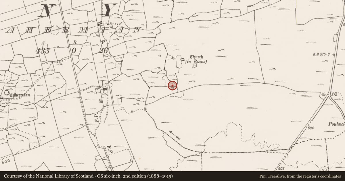 Ordnance Survey six-inch map, 2nd edition (1888–1915) covering the location of Building, Cahermacnaghten, County Clare, with a pin at the register's coordinates