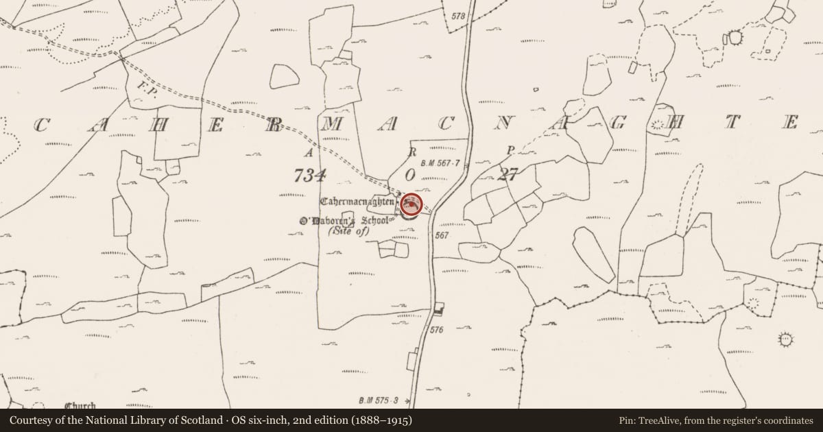 Ordnance Survey six-inch map, 2nd edition (1888–1915) covering the location of House - 16th century, Cahermacnaghten, County Clare, with a pin at the register's coordinates