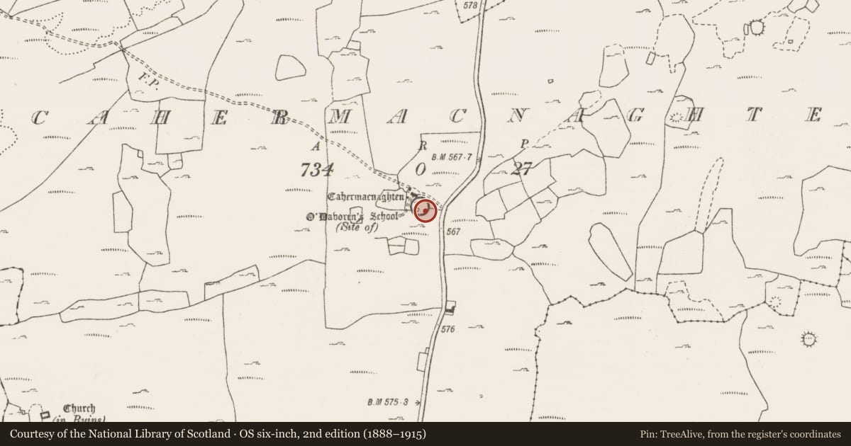 Ordnance Survey six-inch map, 2nd edition (1888–1915) covering the location of House - 16th century, Cahermacnaghten, County Clare, with a pin at the register's coordinates
