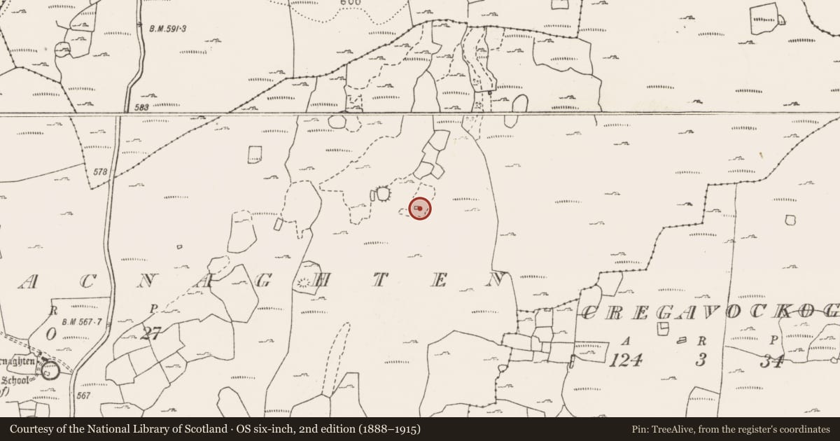 Ordnance Survey six-inch map, 2nd edition (1888–1915) covering the location of House - indeterminate date, Cahermacnaghten, County Clare, with a pin at the register's coordinates
