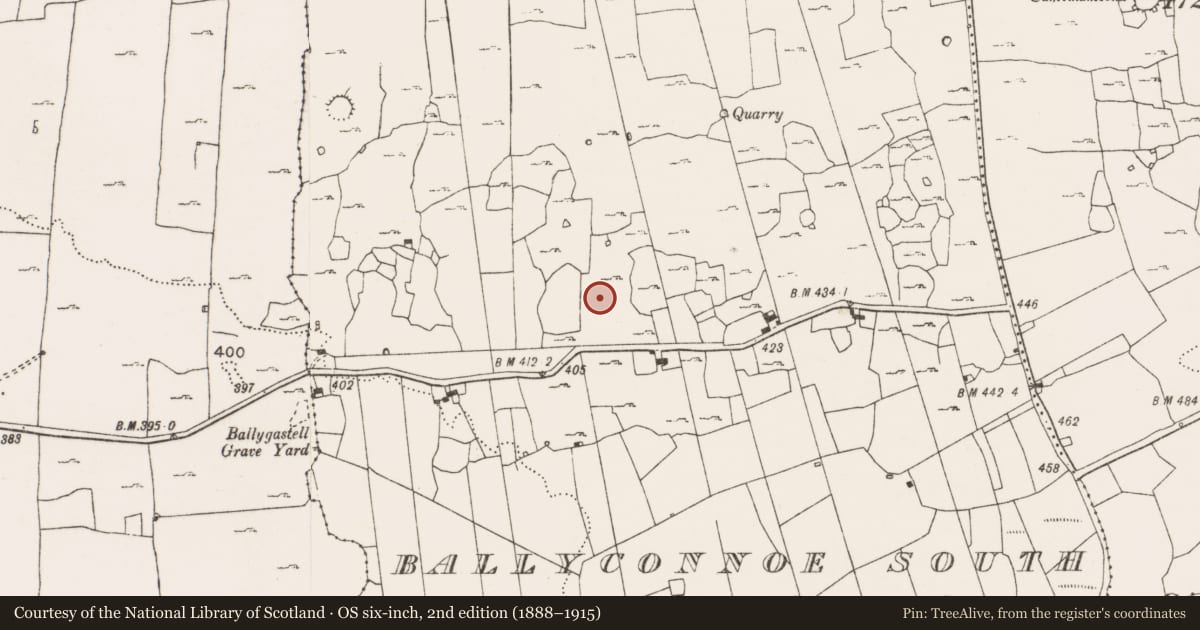 Ordnance Survey six-inch map, 2nd edition (1888–1915) covering the location of Enclosure, Ballyconnoe South, County Clare, with a pin at the register's coordinates