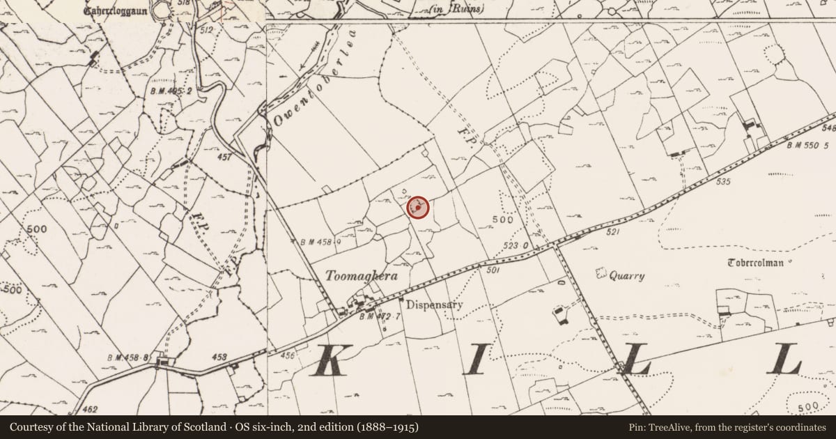 Ordnance Survey six-inch map, 2nd edition (1888–1915) covering the location of Enclosure, Ballyconnoe North, County Clare, with a pin at the register's coordinates