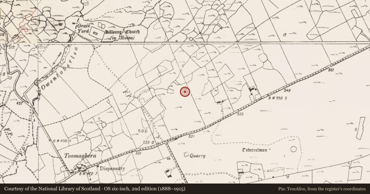 Ordnance Survey six-inch map, 2nd edition (1888–1915) covering the location of House - indeterminate date, Ballyconnoe North, County Clare, with a pin at the register's coordinates