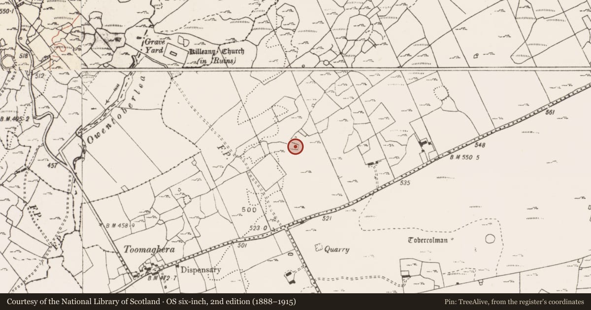 Ordnance Survey six-inch map, 2nd edition (1888–1915) covering the location of Enclosure, Ballyconnoe North, County Clare, with a pin at the register's coordinates