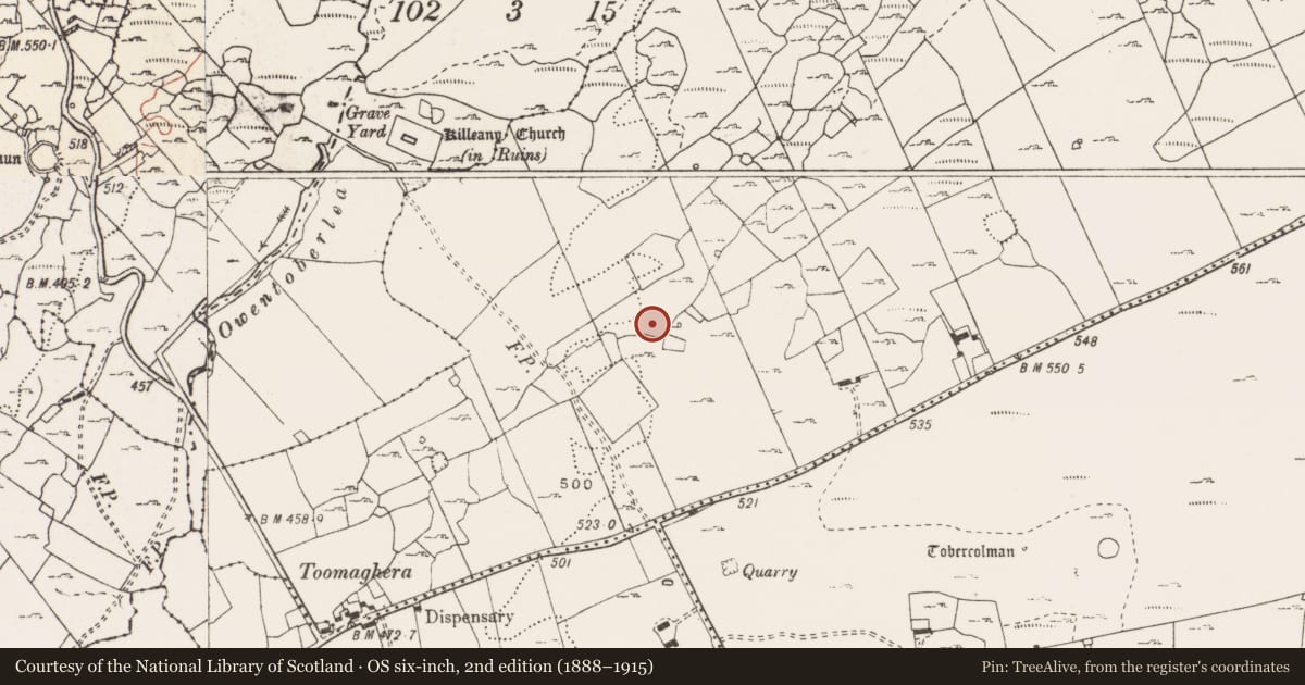 Ordnance Survey six-inch map, 2nd edition (1888–1915) covering the location of Road - road/trackway, Ballyconnoe North, County Clare, with a pin at the register's coordinates