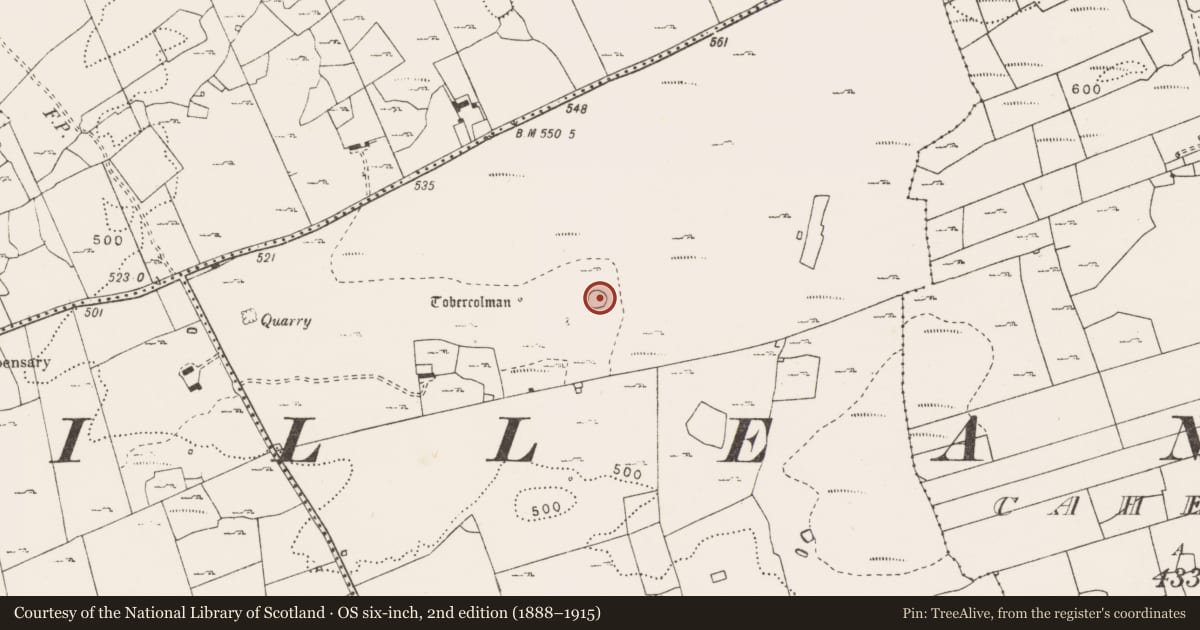 Ordnance Survey six-inch map, 2nd edition (1888–1915) covering the location of Enclosure, Cahermakerrila, County Clare, with a pin at the register's coordinates