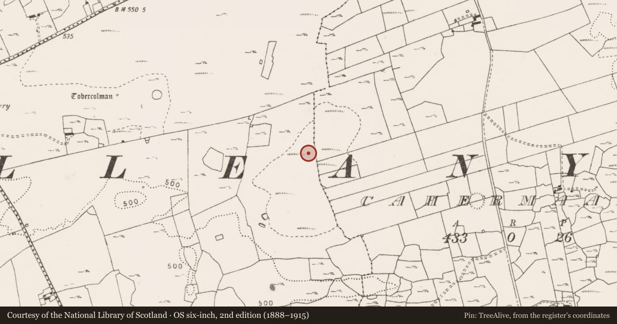 Ordnance Survey six-inch map, 2nd edition (1888–1915) covering the location of Barrow - ring-barrow, Cahermakerrila, County Clare, with a pin at the register's coordinates