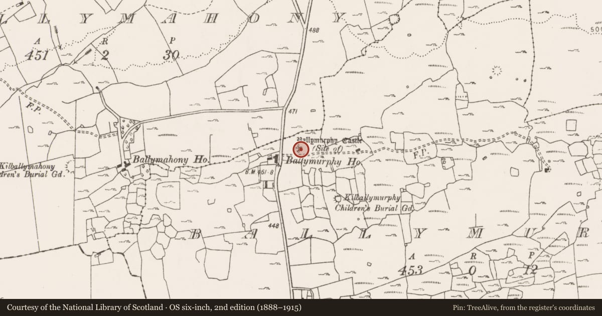 Ordnance Survey six-inch map, 2nd edition (1888–1915) covering the location of Castle - tower house, Ballymurphy, County Clare, with a pin at the register's coordinates