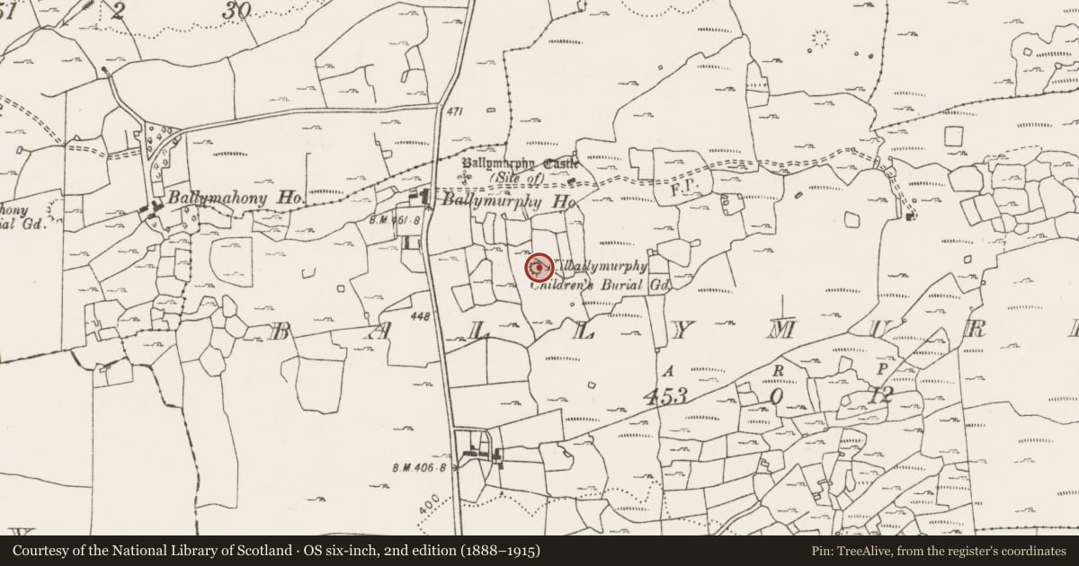 Ordnance Survey six-inch map, 2nd edition (1888–1915) covering the location of Children's burial ground, Ballymurphy, County Clare, with a pin at the register's coordinates