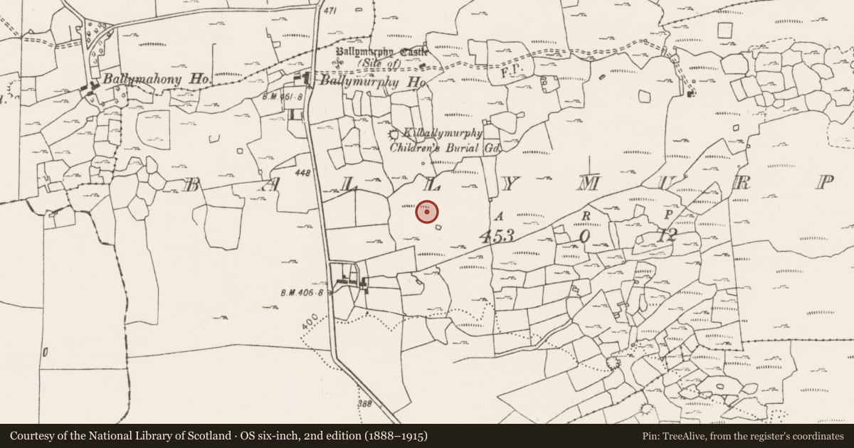 Ordnance Survey six-inch map, 2nd edition (1888–1915) covering the location of Enclosure, Ballymurphy, County Clare, with a pin at the register's coordinates