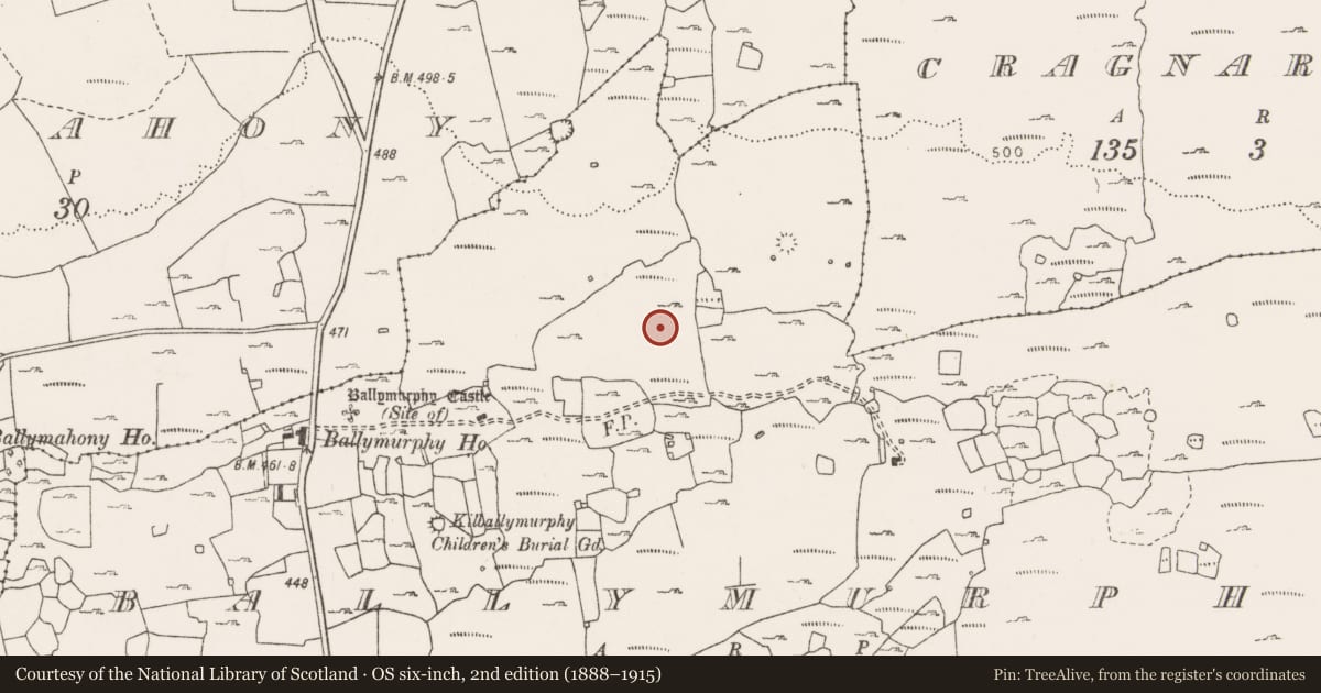Ordnance Survey six-inch map, 2nd edition (1888–1915) covering the location of Cairn - unclassified, Ballymurphy, County Clare, with a pin at the register's coordinates
