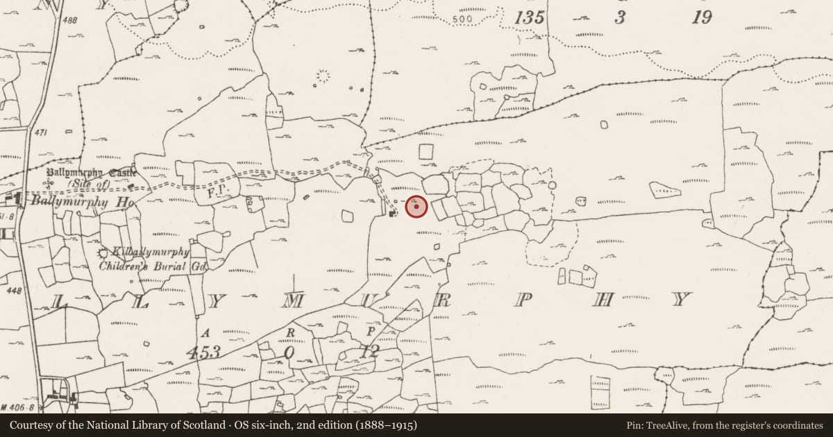 Ordnance Survey six-inch map, 2nd edition (1888–1915) covering the location of Enclosure, Ballymurphy, County Clare, with a pin at the register's coordinates