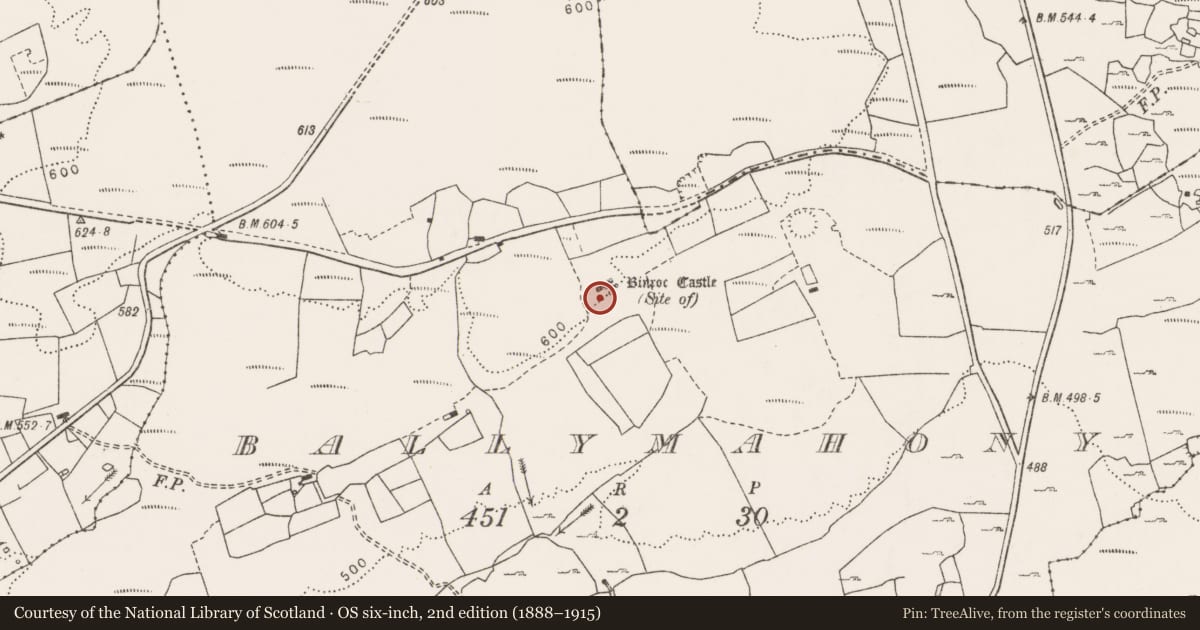 Ordnance Survey six-inch map, 2nd edition (1888–1915) covering the location of House - indeterminate date, Ballymahony, County Clare, with a pin at the register's coordinates