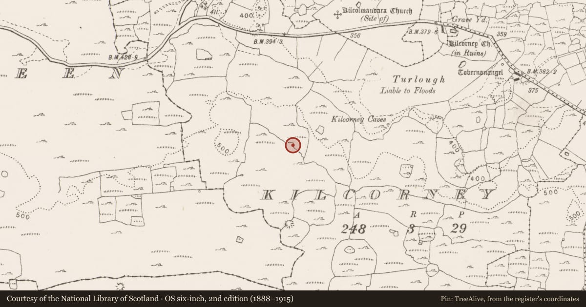 Ordnance Survey six-inch map, 2nd edition (1888–1915) covering the location of House - indeterminate date, Kilcorney, County Clare, with a pin at the register's coordinates