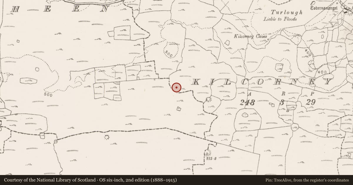 Ordnance Survey six-inch map, 2nd edition (1888–1915) covering the location of House - indeterminate date, Kilcorney, County Clare, with a pin at the register's coordinates