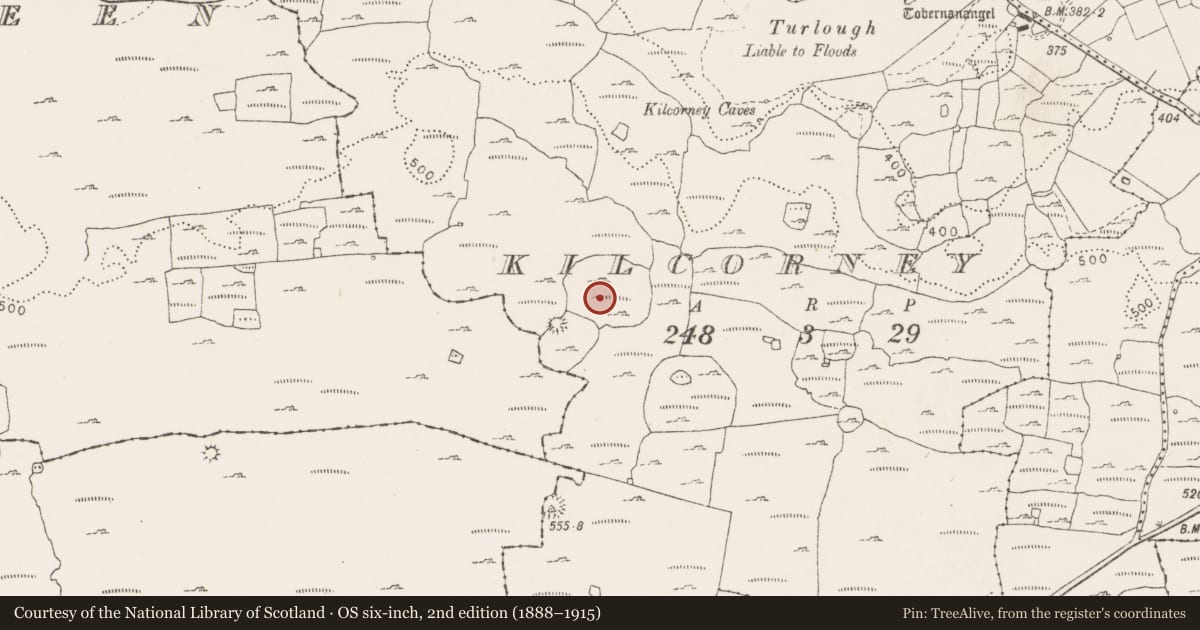 Ordnance Survey six-inch map, 2nd edition (1888–1915) covering the location of House - indeterminate date, Kilcorney, County Clare, with a pin at the register's coordinates