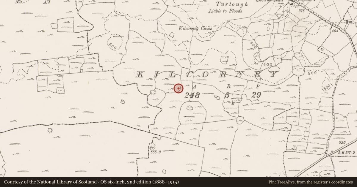 Ordnance Survey six-inch map, 2nd edition (1888–1915) covering the location of House - indeterminate date, Kilcorney, County Clare, with a pin at the register's coordinates