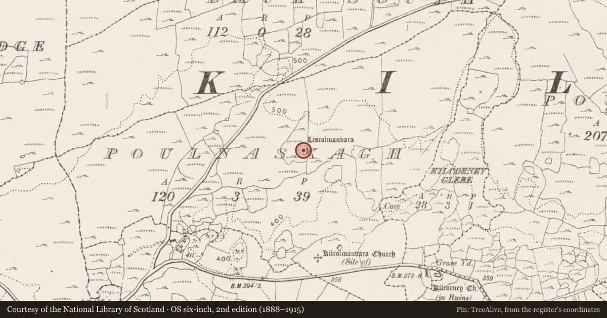 Ordnance Survey six-inch map, 2nd edition (1888–1915) covering the location of Ringfort - cashel, Poulnaskagh, County Clare, with a pin at the register's coordinates
