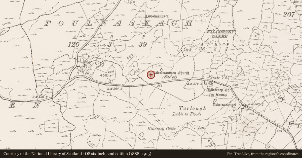 Ordnance Survey six-inch map, 2nd edition (1888–1915) covering the location of Church, Poulnaskagh, County Clare, with a pin at the register's coordinates