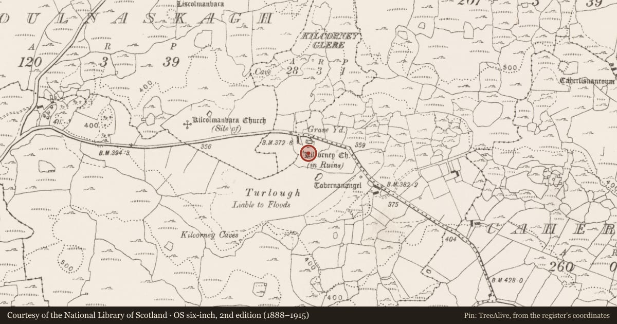 Ordnance Survey six-inch map, 2nd edition (1888–1915) covering the location of Ecclesiastical enclosure, County Clare, with a pin at the register's coordinates