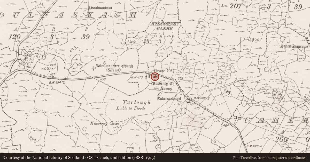 Ordnance Survey six-inch map, 2nd edition (1888–1915) covering the location of Graveyard, Kilcorney, Kilcorney Glebe, County Clare, with a pin at the register's coordinates