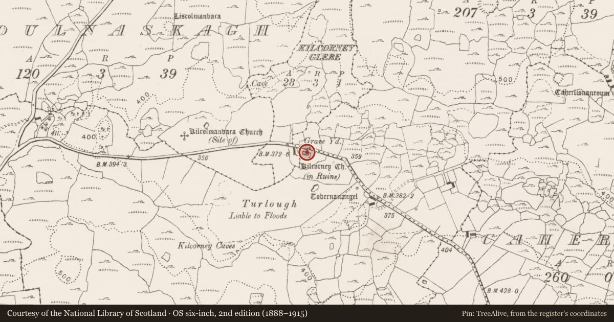 Ordnance Survey six-inch map, 2nd edition (1888–1915) covering the location of Font, Kilcorney, County Clare, with a pin at the register's coordinates