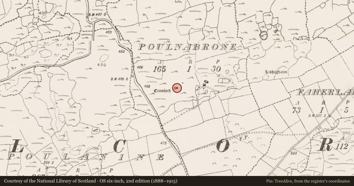 Ordnance Survey six-inch map, 2nd edition (1888–1915) covering the location of Megalithic tomb - portal tomb, Poulnabrone, County Clare, with a pin at the register's coordinates