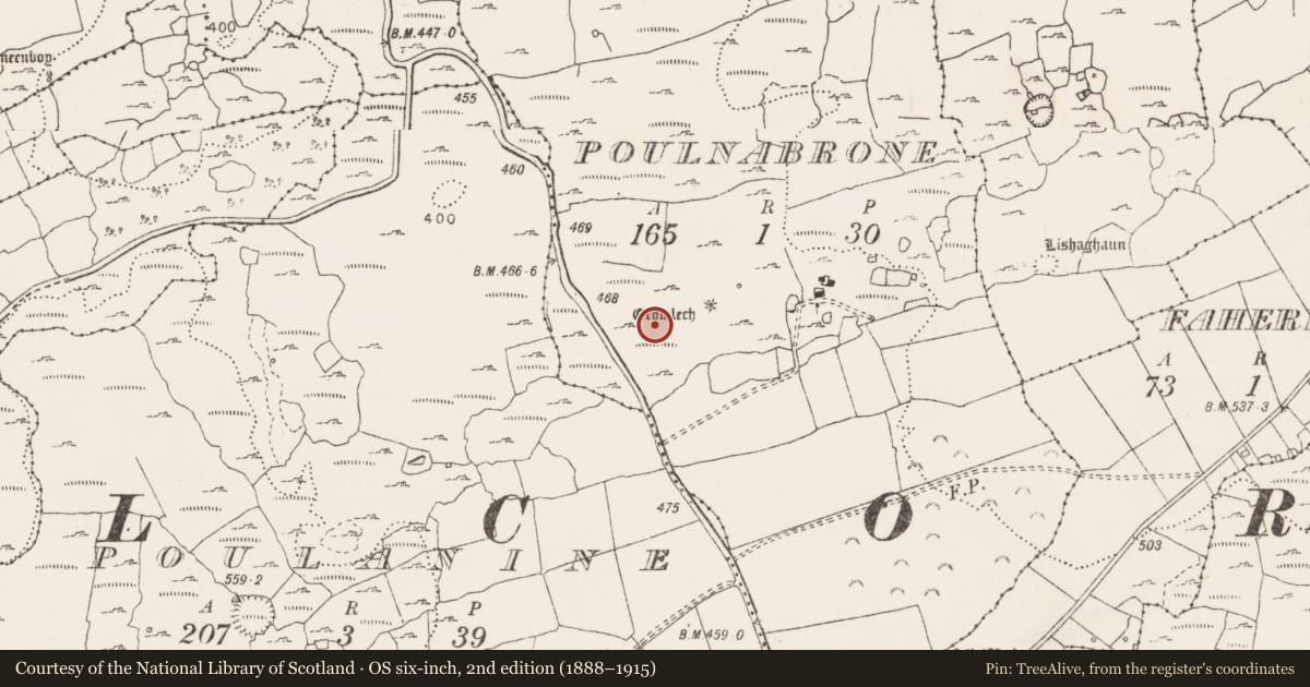 Ordnance Survey six-inch map, 2nd edition (1888–1915) covering the location of Field system, Poulnabrone, County Clare, with a pin at the register's coordinates