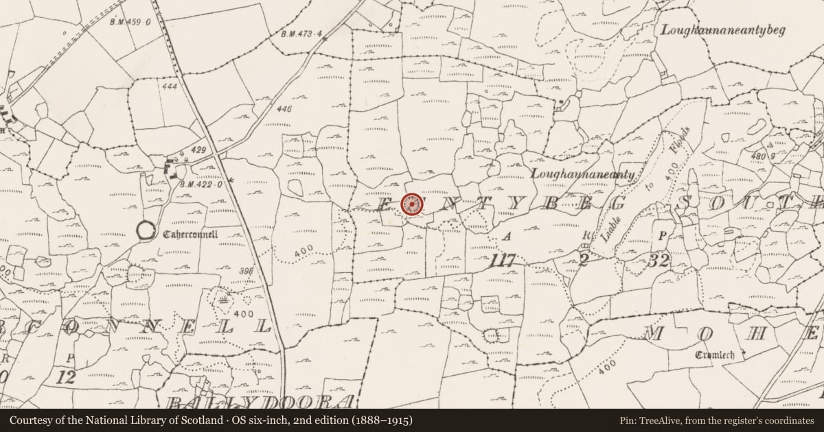 Ordnance Survey six-inch map, 2nd edition (1888–1915) covering the location of Ringfort - cashel, Eantybeg South, County Clare, with a pin at the register's coordinates